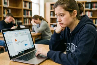 Étudiante frustrée devant un message d'erreur de navigateur sur son ordinateur portable dans une bibliothèque universitaire