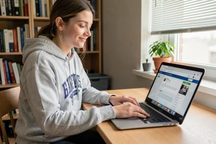 Étudiante consultant l'extranet ESG sur son ordinateur portable dans sa chambre universitaire