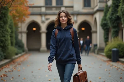 Étudiante francophone traversant une cour d'université européenne avec une sacoche en cuir, illustrant l'accès aux meilleures universités du monde