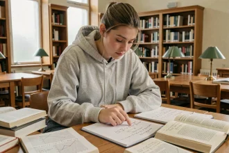 Étudiante en mathématiques étudiant les limites de fonctions et les équivalents dans une bibliothèque universitaire