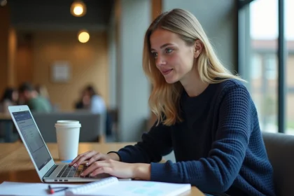 Étudiante organisant son année universitaire avec une interface de planning numérique sur laptop dans un espace de travail moderne de campus