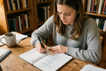 Étudiante appliquant la règle de trois pour convertir une note sur 25 en note sur 20 dans un cahier de cours