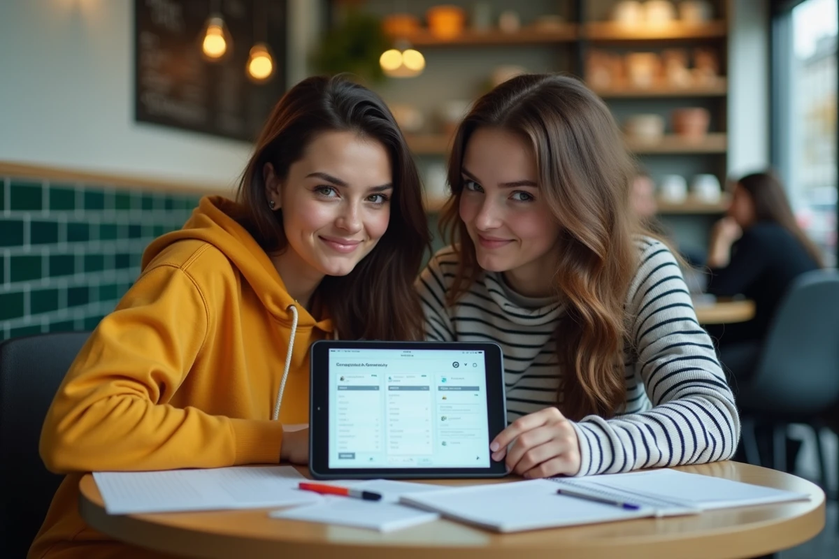 Deux étudiantes calculant leur moyenne générale ensemble sur une tablette dans un café universitaire