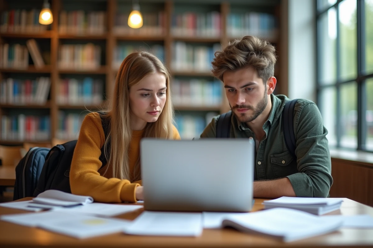 Deux étudiants consultant un ordinateur portable entourés de cartes de réduction et de documents dans une bibliothèque universitaire