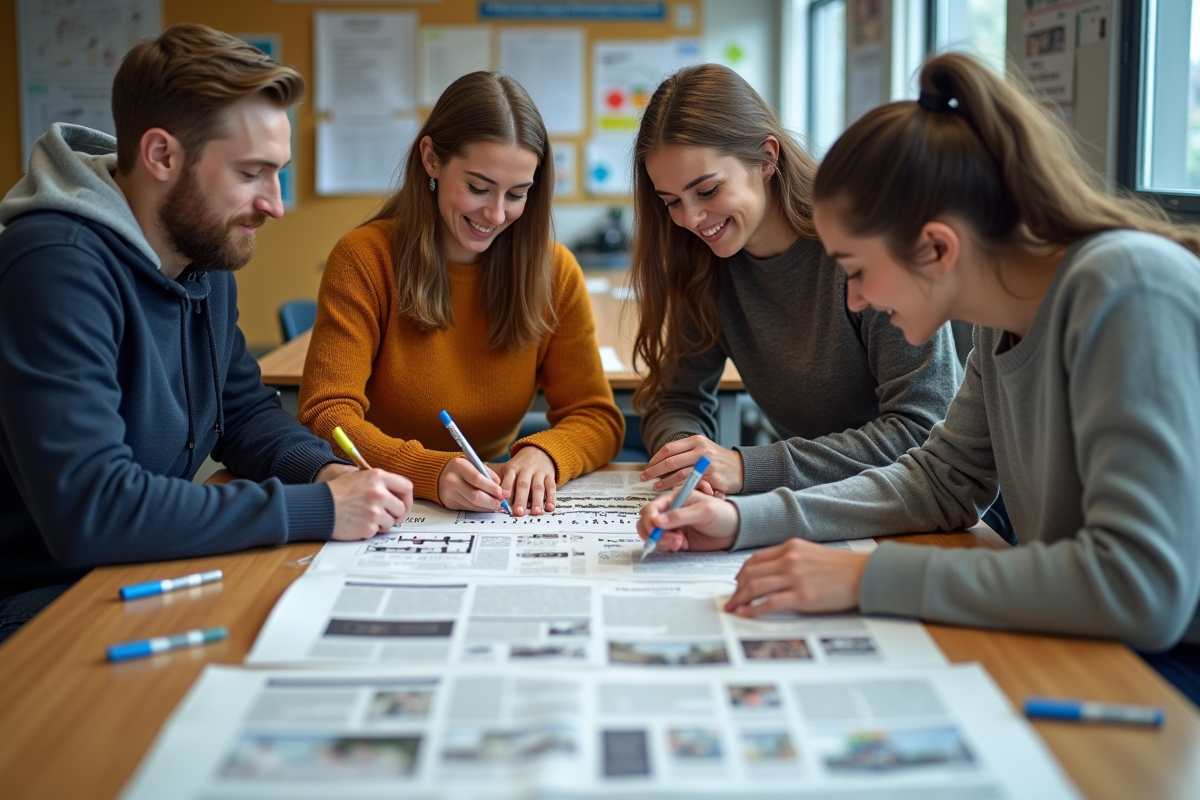 Étudiants universitaires discutant autour d une table avec magazines