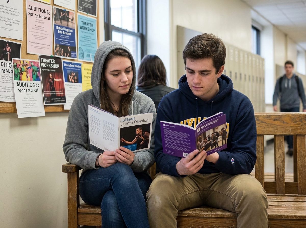 Deux étudiants comparant des brochures de formations artistiques dans un couloir d'école spécialisée entertainment