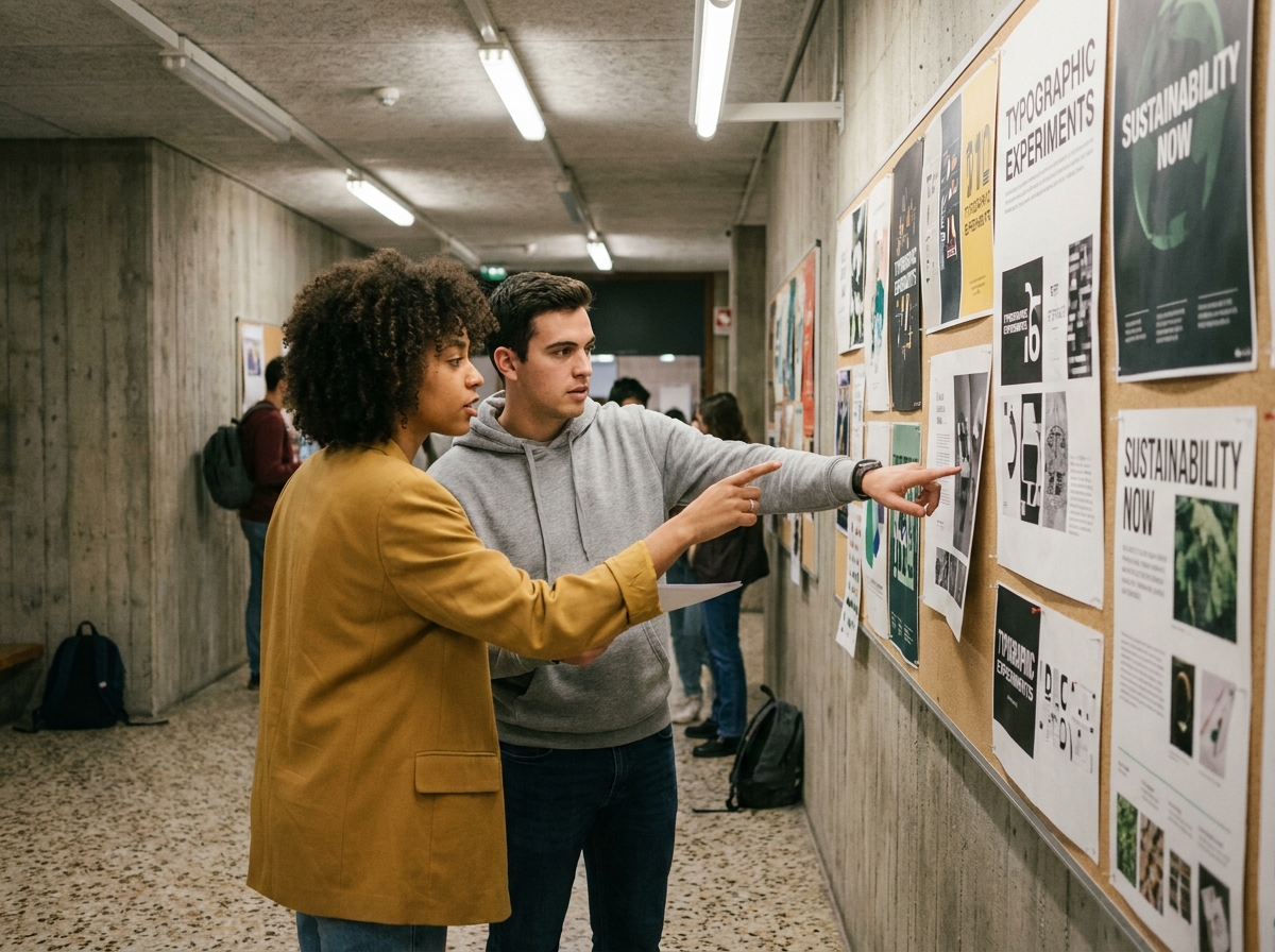 Deux étudiants en design graphique analysant des affiches créatives épinglées au mur dans un couloir d'école de design