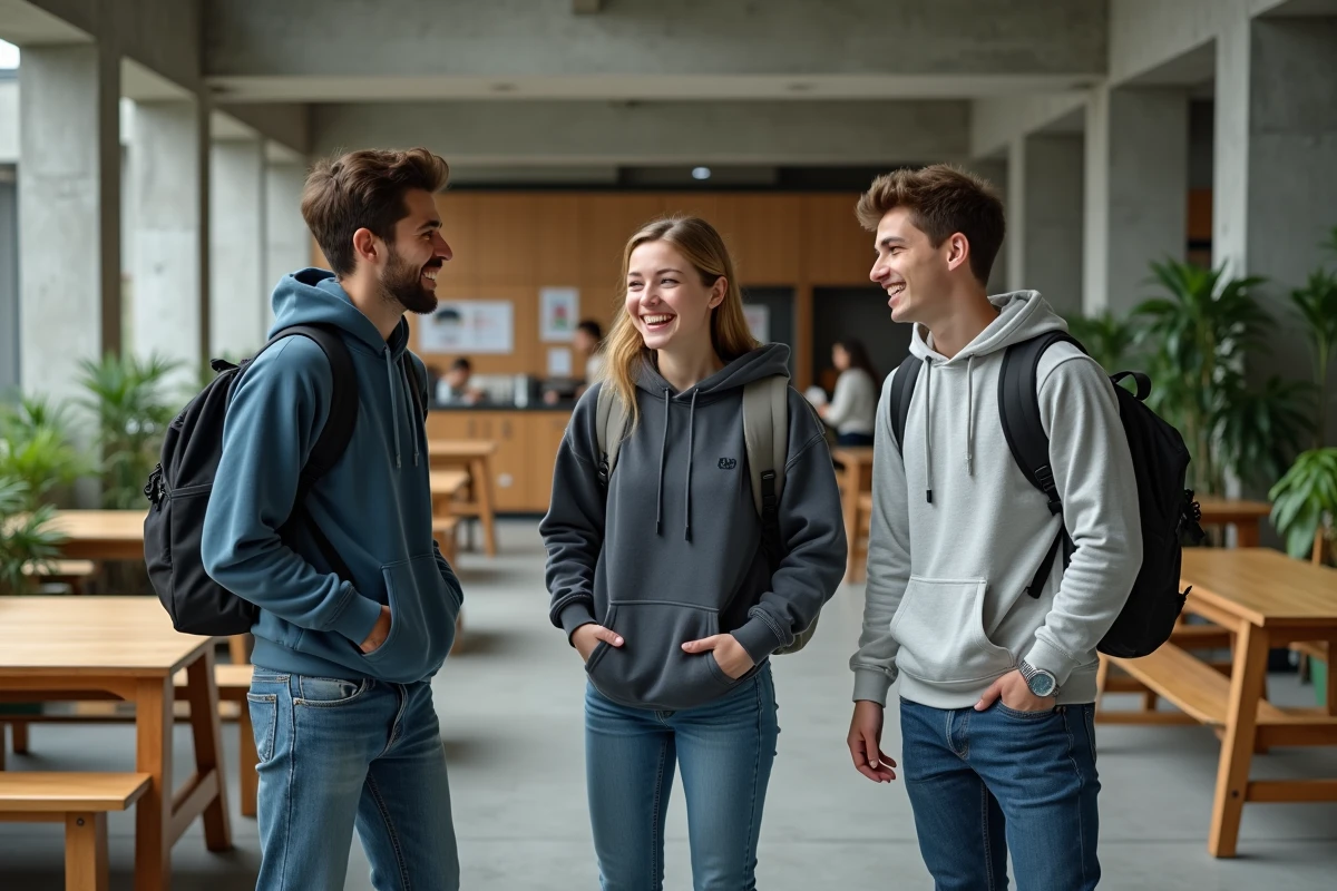Groupe d'étudiants dans l'espace commun moderne d'une résidence étudiante, montrant la vie sociale et les avantages collectifs du logement étudiant