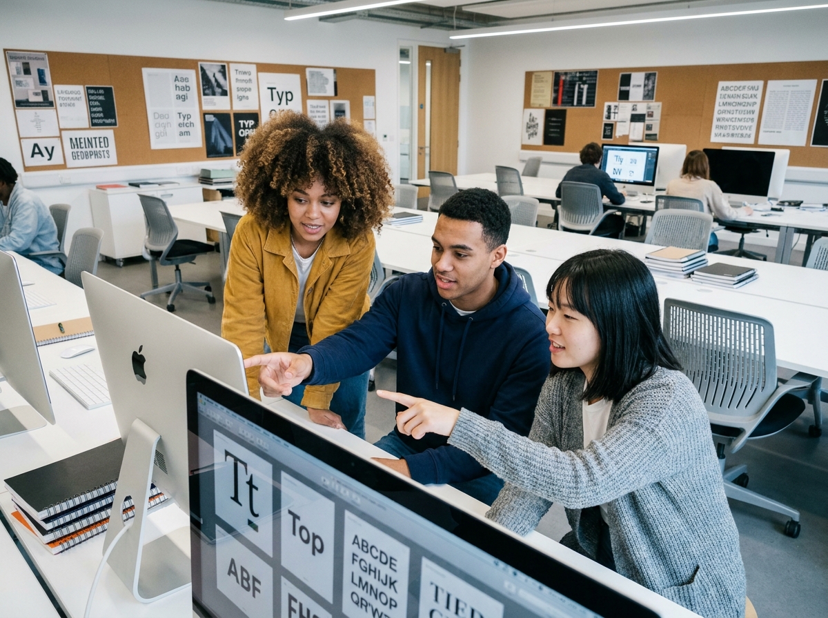 Groupe d'étudiants en formation de design graphique collaborant autour d'un écran iMac dans un studio créatif universitaire