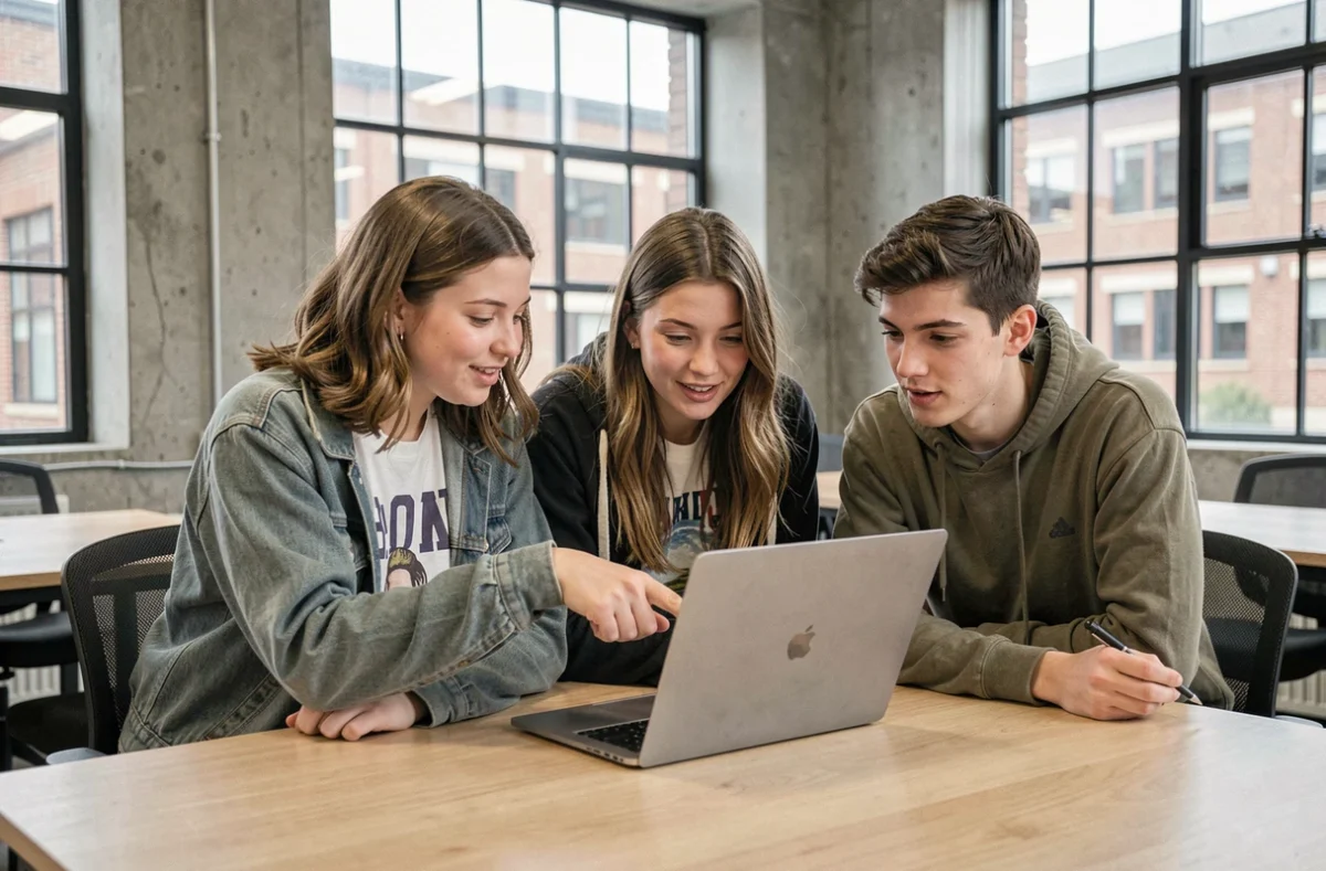 Groupe d'étudiants de l'université du Mans découvrant ensemble les mises à jour de l'ENT dans un espace de travail collaboratif sur le campus