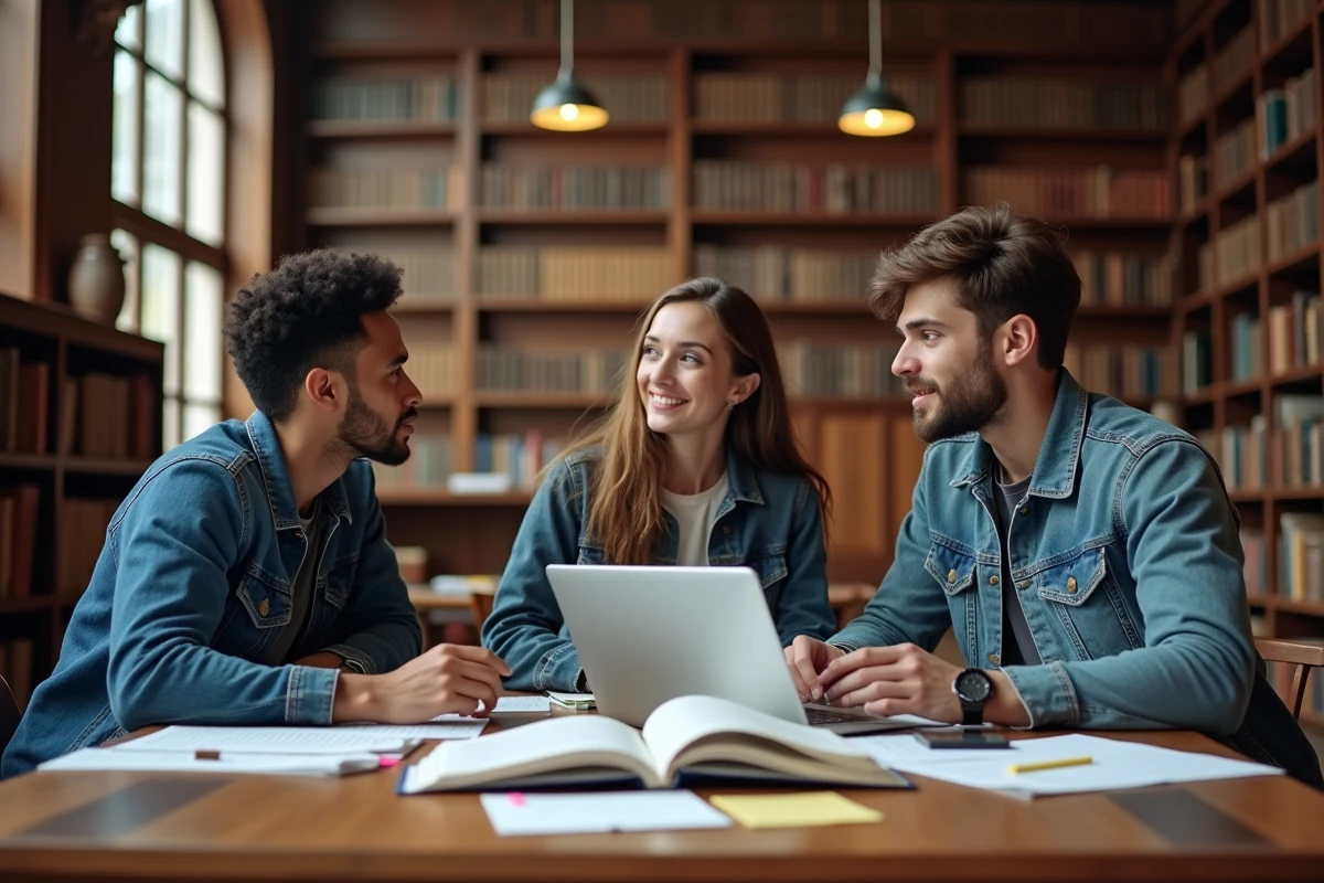 Groupe d'étudiants internationaux travaillant ensemble dans une grande bibliothèque universitaire, symbolisant la collaboration dans les universités mondiales classées