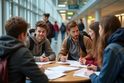 Groupe d'étudiants de première année à l'université en discussion