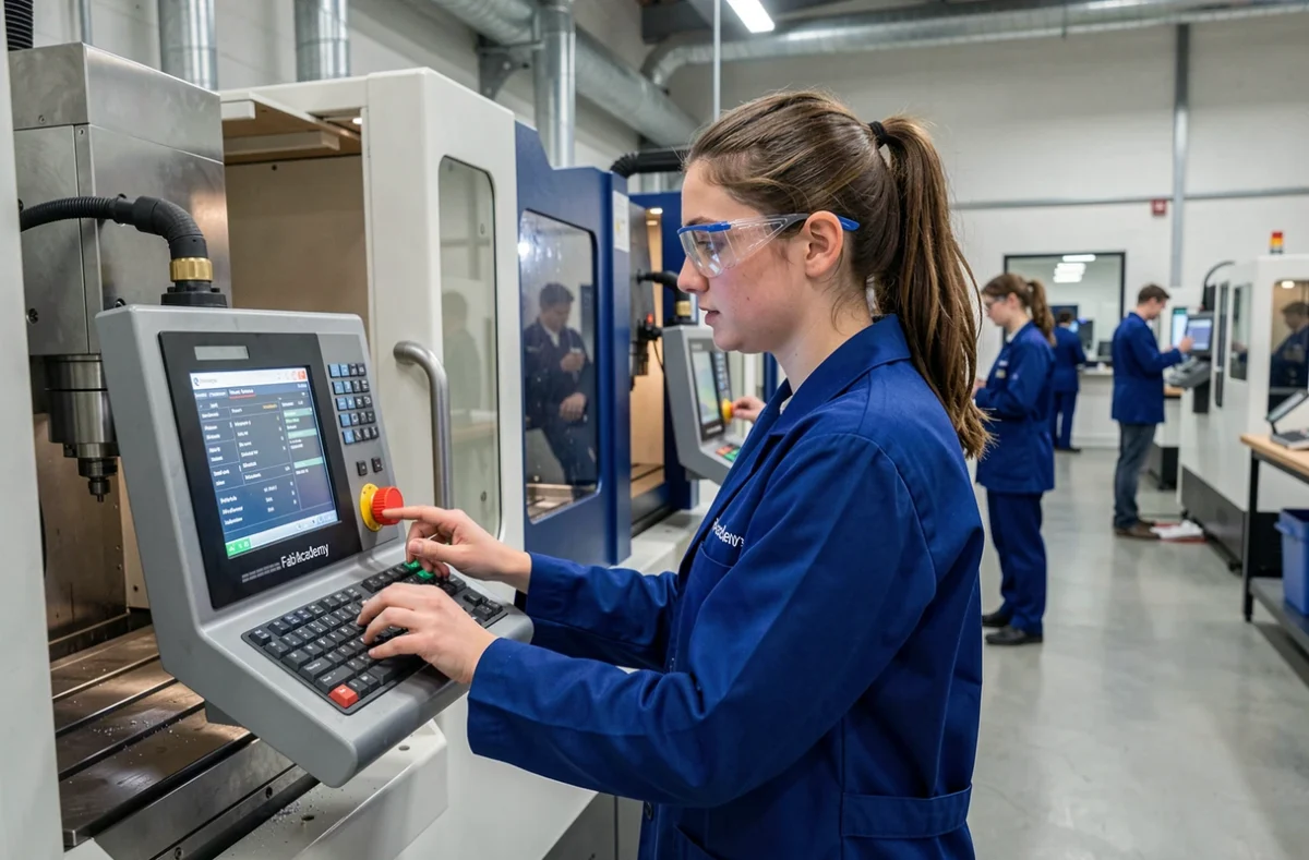 Stagiaire féminine en formation industrielle opérant une machine CNC au Pôle Formation UIMM AFPI Pays de la Loire