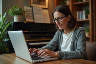 Femme adulte apprenant le piano en ligne sur ordinateur portable dans un bureau à domicile chaleureux