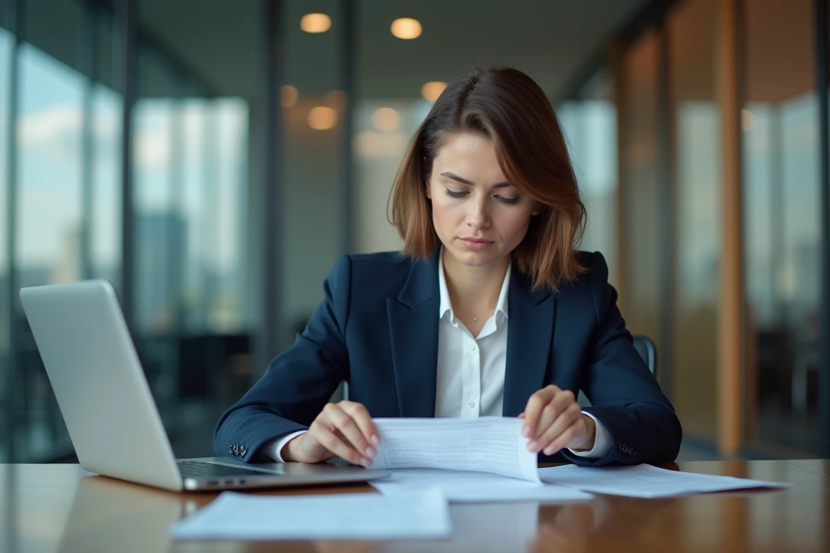 Femme d'affaires en revue de documents financiers dans un bureau moderne