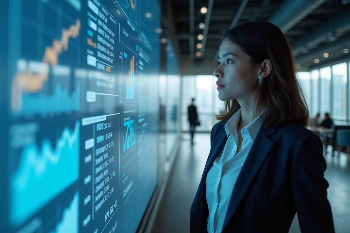 Jeune femme professionnelle analysant des graphiques numériques