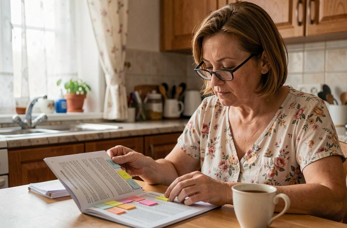 Femme d'âge mûr annotant un livret PDF de 200 questions pour la naturalisation française dans sa cuisine
