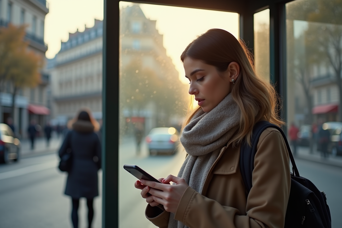 Femme au arrêt de bus à Paris utilisant son smartphone