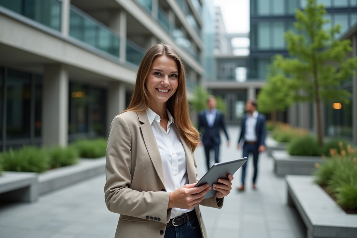 Jeune femme souriante avec tablette dans cour d