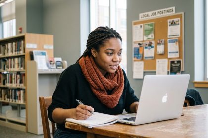 Jeune femme à la bibliothèque en automne avec ordinateur