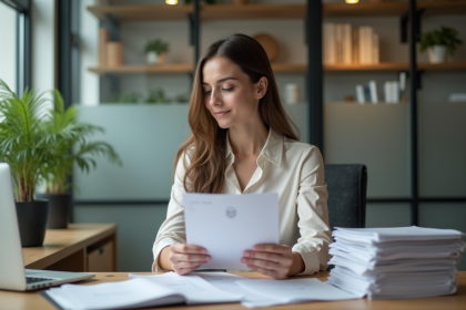 Jeune femme en bureau vérifiant un certificat