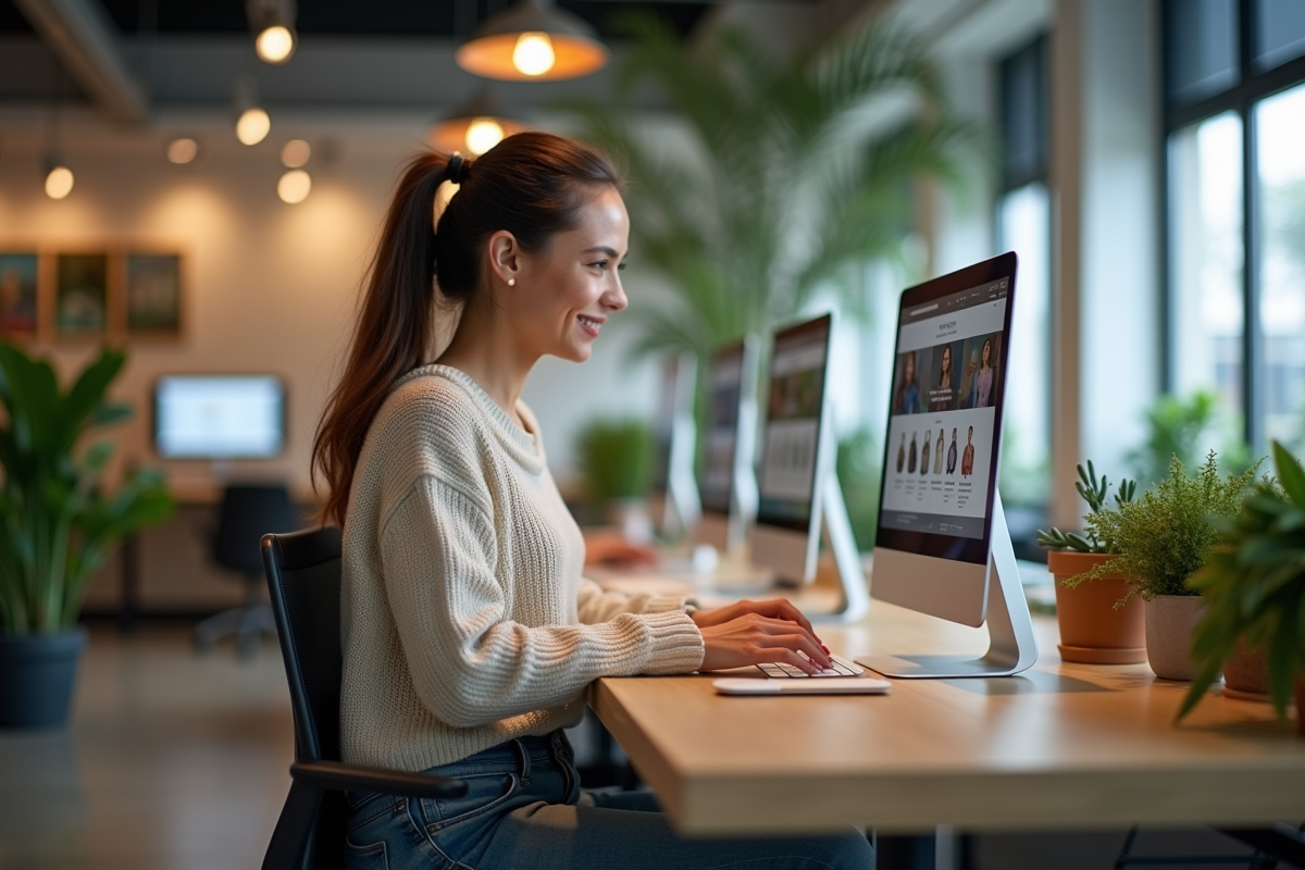 Jeune femme utilisant ordinateur dans espace de travail moderne