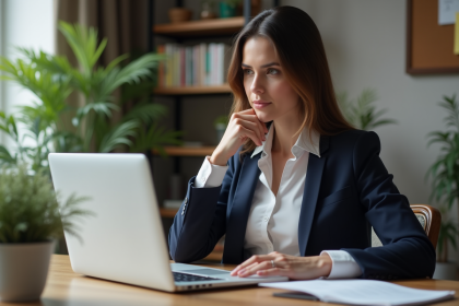 Femme professionnelle travaillant sur son CV bilingue dans un bureau cosy