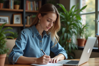 Jeune femme au bureau à domicile en tenue décontractée