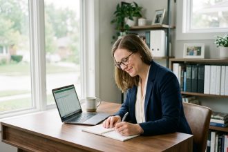 Femme attentive dans un bureau moderne et lumineux