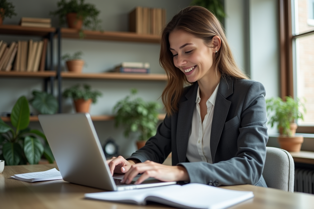 Femme concentrée travaillant sur son ordinateur dans un bureau à domicile