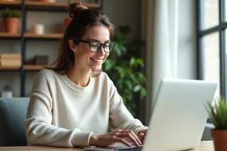Femme assise à un bureau moderne avec un ordinateur portable