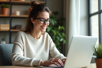 Femme assise à un bureau moderne avec un ordinateur portable