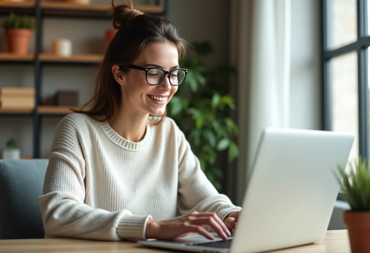 Femme assise à un bureau moderne avec un ordinateur portable