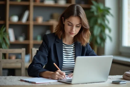 Jeune femme française au bureau travaillant sur son ordinateur