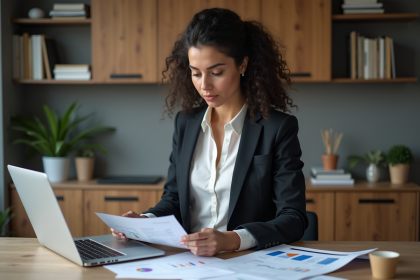 Femme en tenue professionnelle dans un bureau moderne