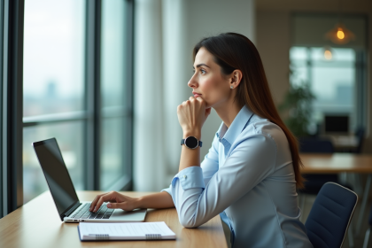 Femme en bureau moderne regardant par la fenêtre
