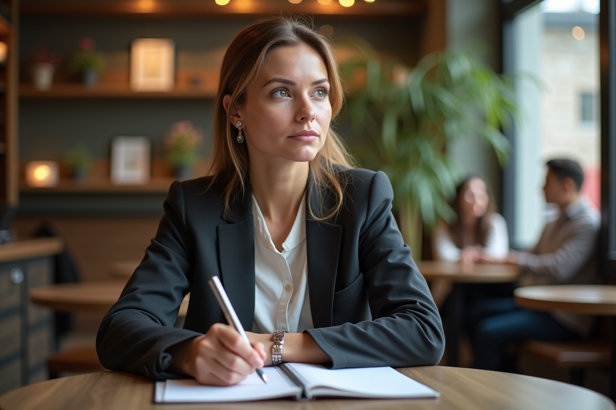 Femme en entretien dans un café cosy et détendu