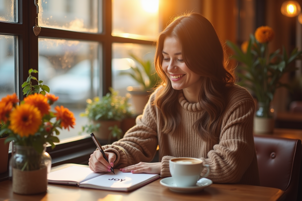 Femme écrivant des mots positifs dans un café chaleureux