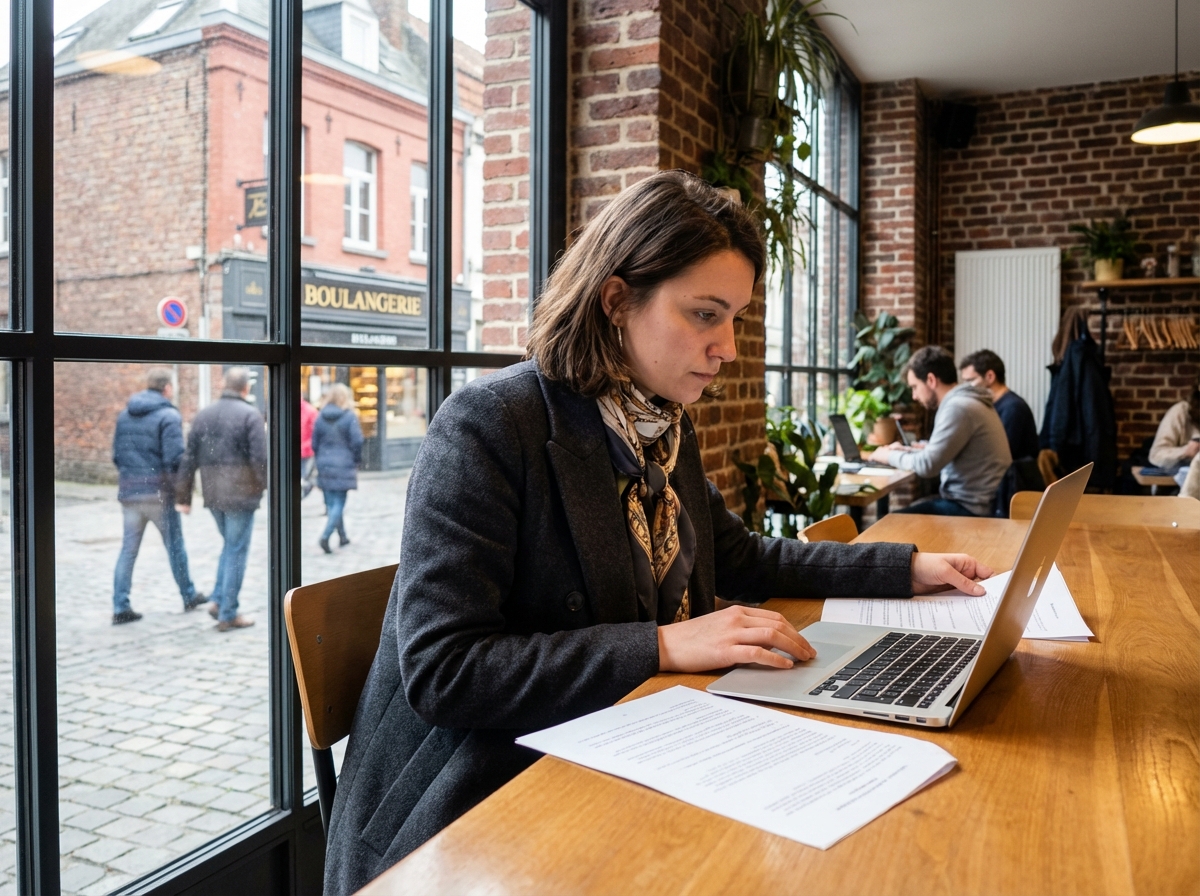 Femme assise dans un café à SaintOmer avec documents