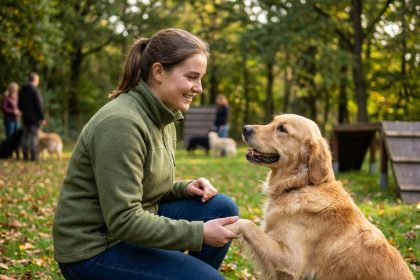 Jeune femme avec chien dans un parc lors d'un atelier animalier