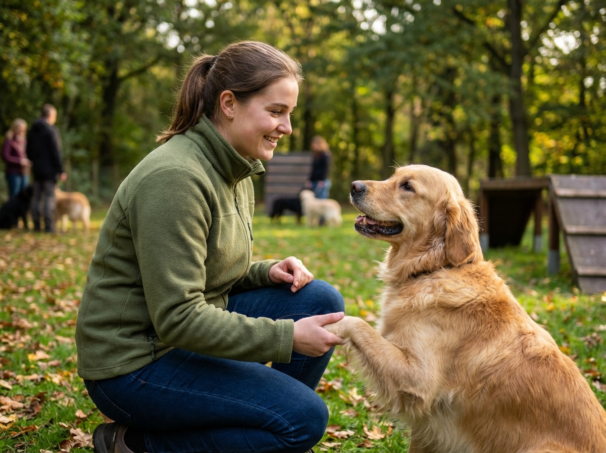 Jeune femme avec chien dans un parc lors d'un atelier animalier