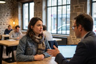 Jeune femme en coworking à Avranches lors d'un échange