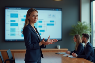 Femme d'affaires présentant une stratégie de communication