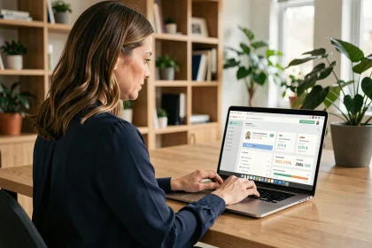 Femme professionnelle consultant les tarifs d'un logiciel emailing sur son ordinateur portable dans un bureau moderne