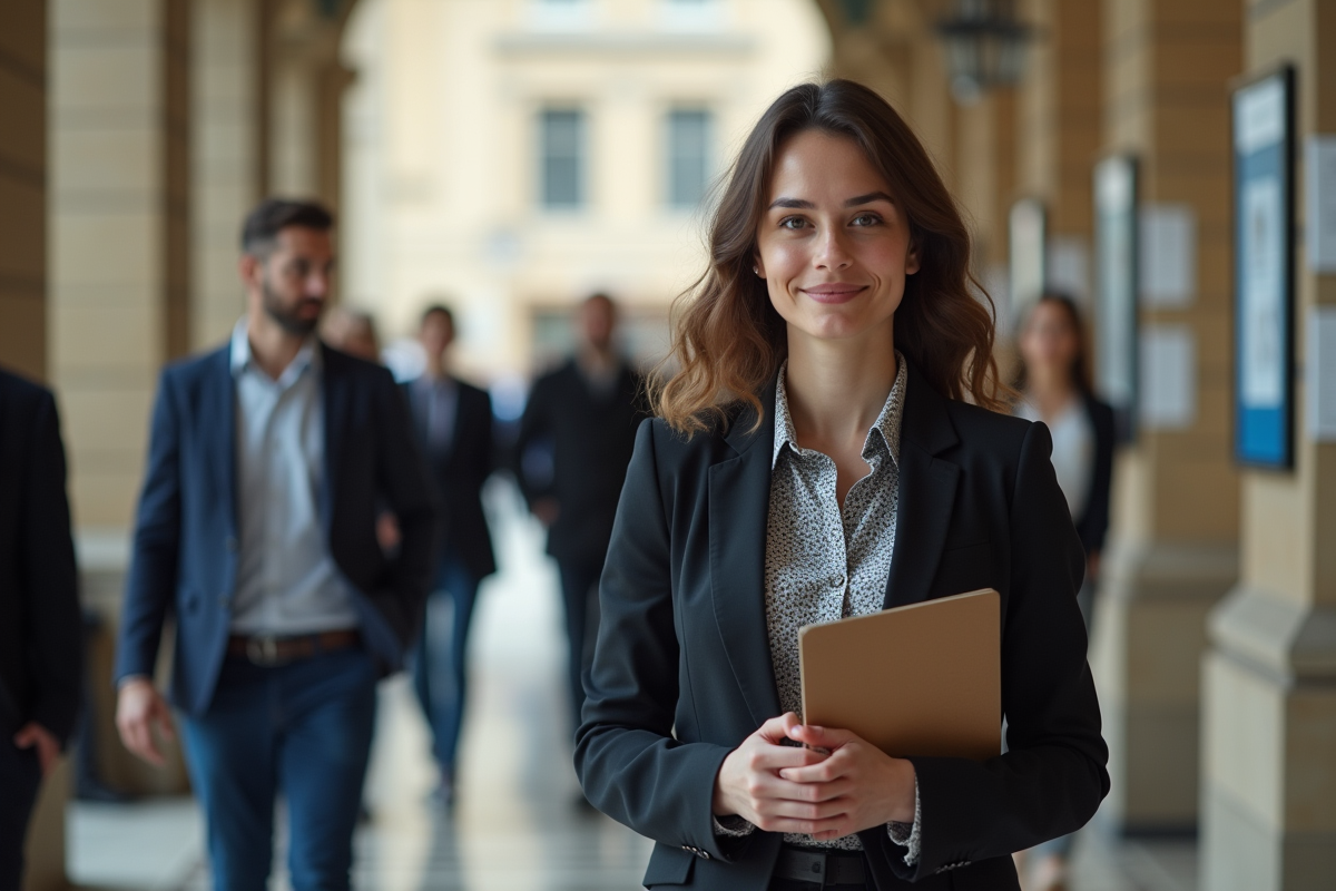 Jeune femme en blazer en discussion dans un hall