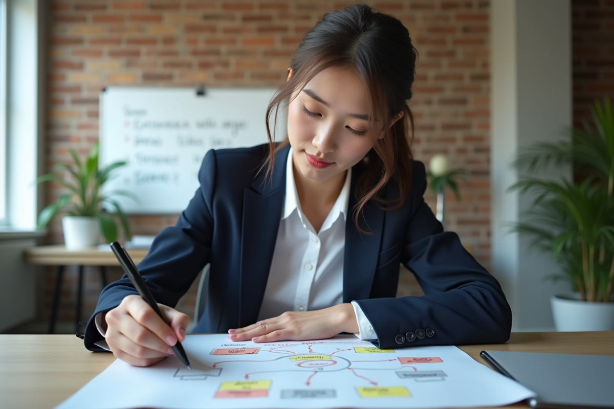 Jeune femme esquissant un diagramme de communication dans un bureau