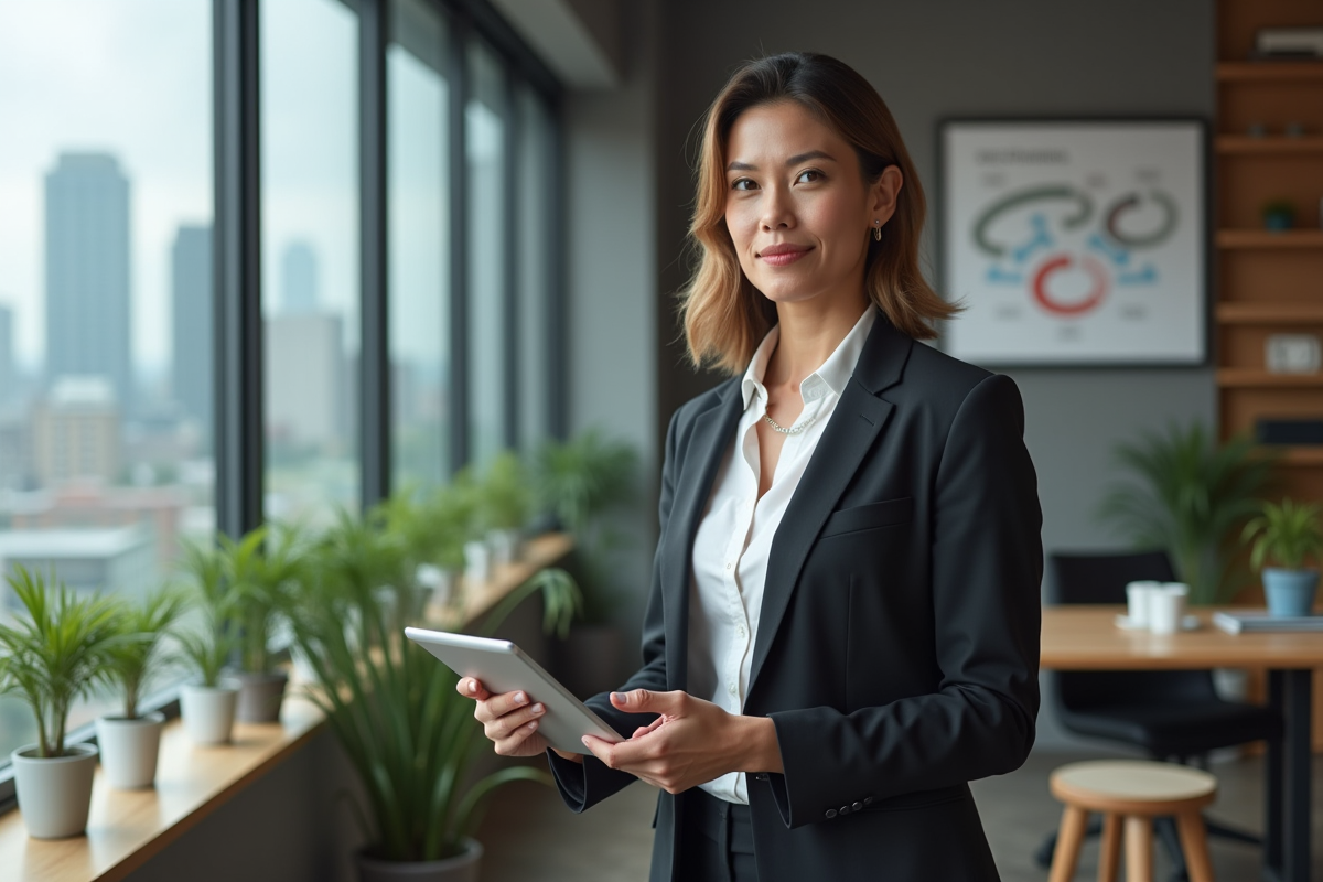 Femme d affaires tenant une tablette avec diagramme marketing