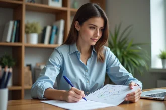 Jeune femme concentrée écrivant un diagramme de Venn dans son étude