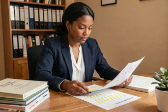 Femme étudiant les 200 questions de naturalisation française sur des fiches imprimées dans un bureau à domicile organisé