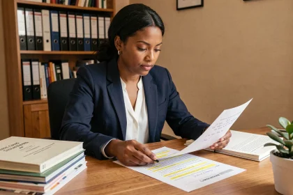 Femme étudiant les 200 questions de naturalisation française sur des fiches imprimées dans un bureau à domicile organisé